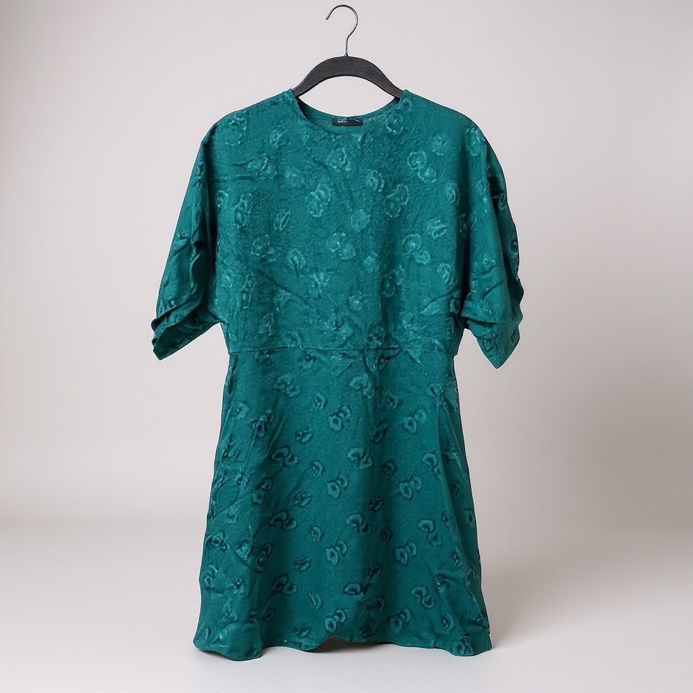 Mango Suit Jacquard Floral Dress Teal Green Back Keyhole Size 4 NWT Quiet Luxury